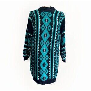 Vintage Private Eyes Long Baggy Sweater 80-90s Black Pink Teal Geometric Pattern